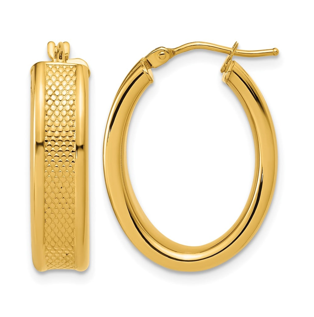 14k Yellow Gold Polished and Textured Oval Hoop Earrings