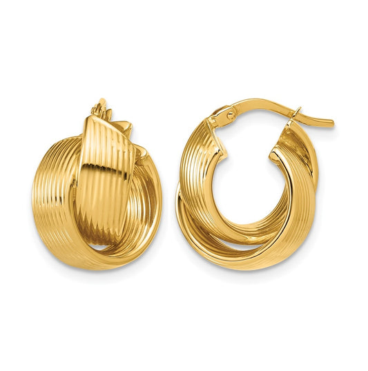 14k Yellow Gold Polished Grooved and Twisted Hoop Earrings