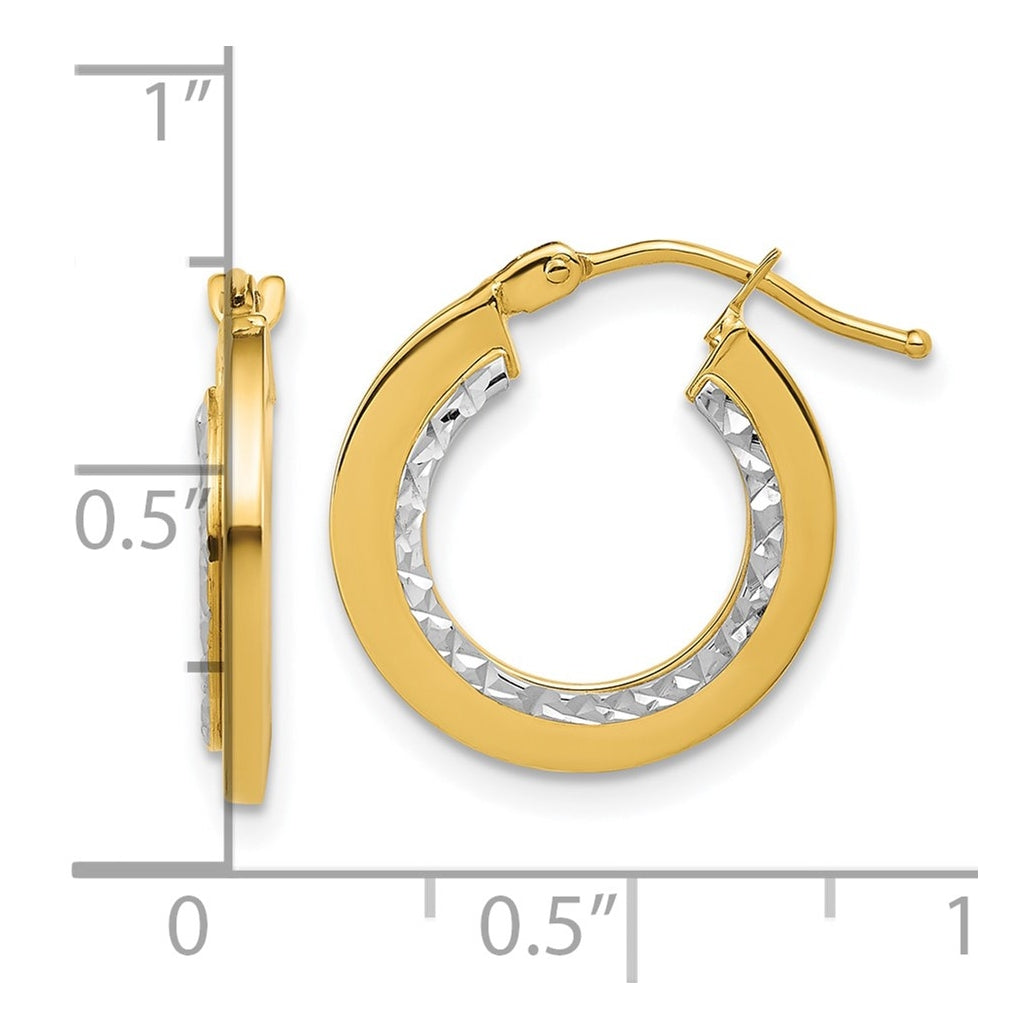 14k Yellow Gold w/White Rhodium Polished and Diamond-cut Round Hoop Earrings
