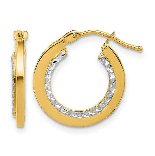 14k Yellow Gold w/White Rhodium Polished and Diamond-cut Round Hoop Earrings