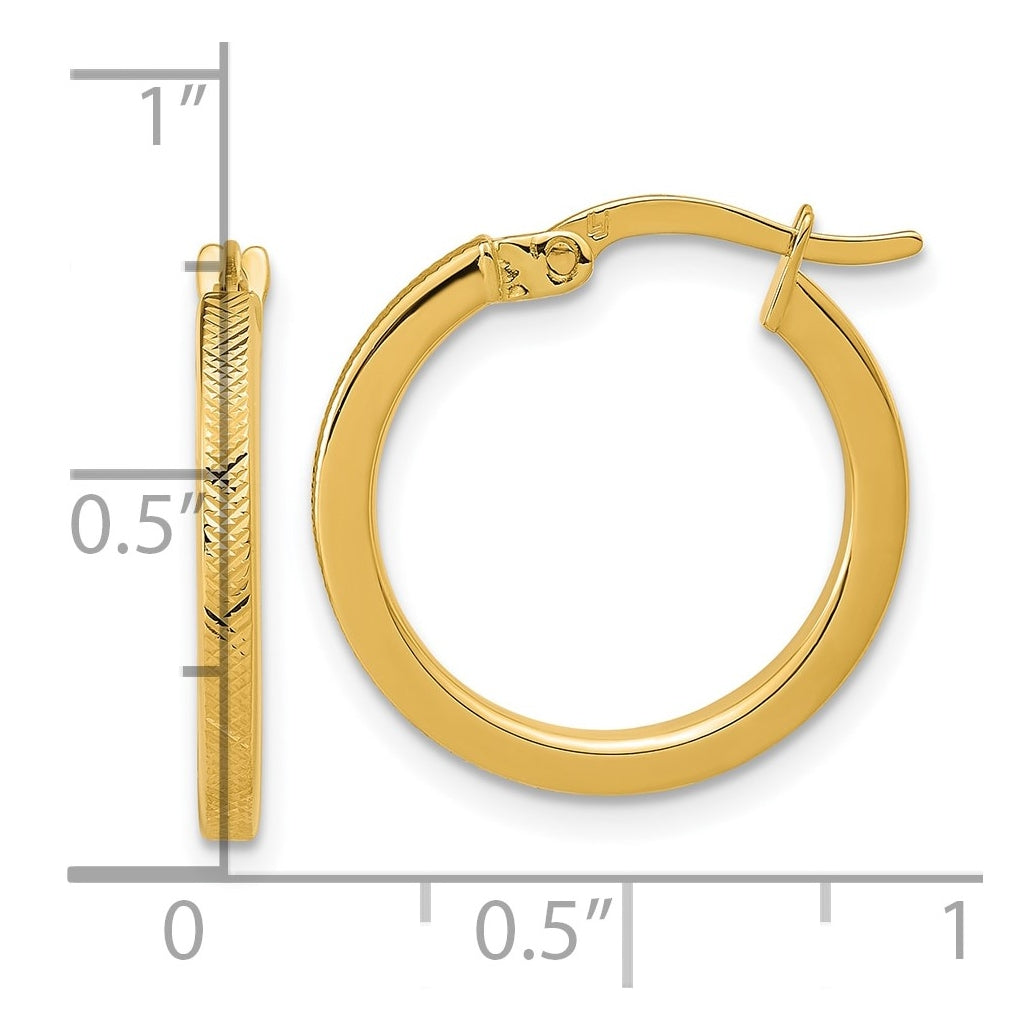 14k Yellow Gold Polished and Textured Round Hoop Earrings