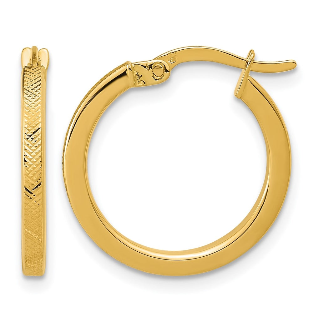 14k Yellow Gold Polished and Textured Round Hoop Earrings