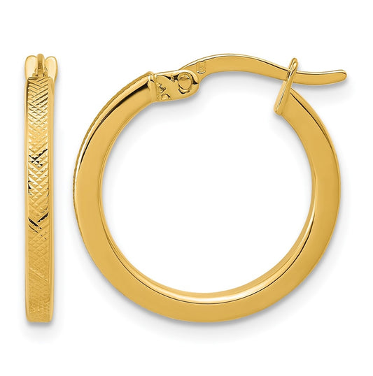 14k Yellow Gold Polished and Textured Round Hoop Earrings