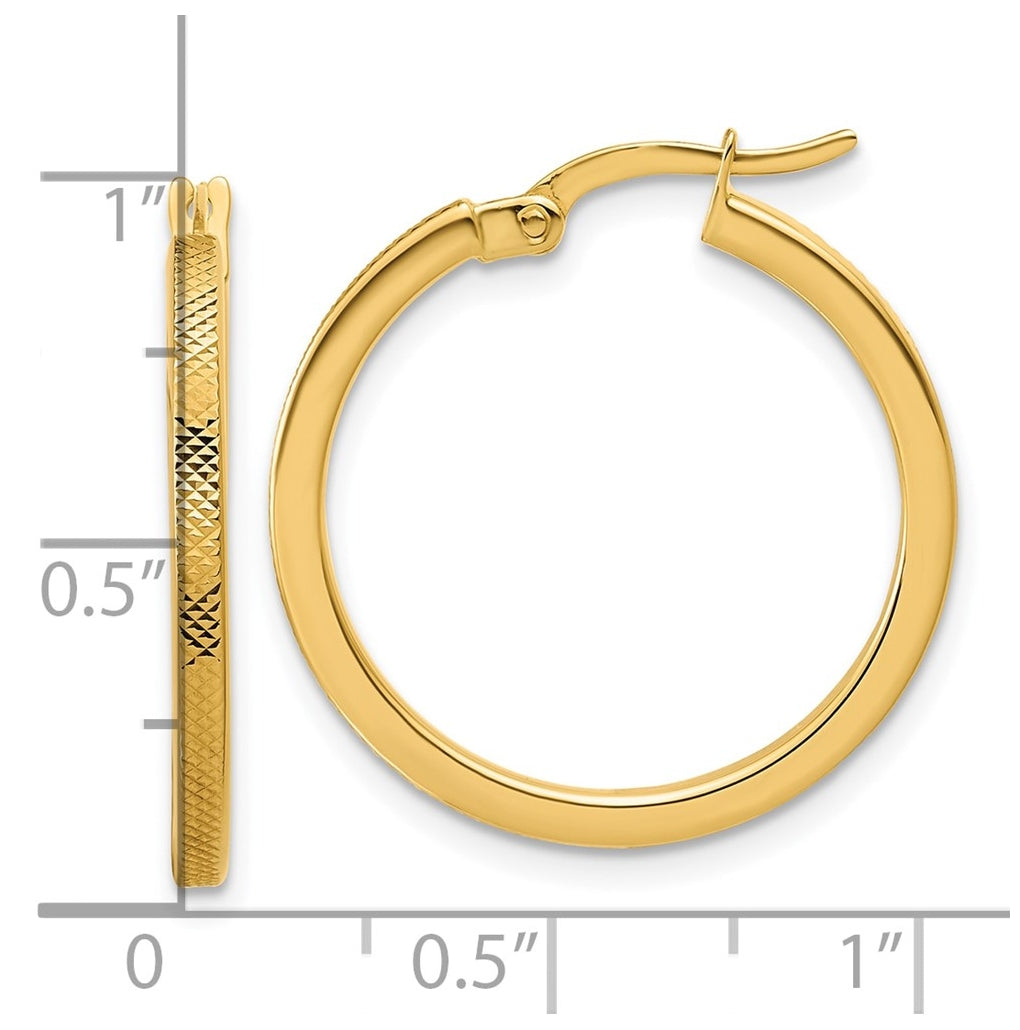 14k Yellow Gold Polished and Textured Round Hoop Earrings