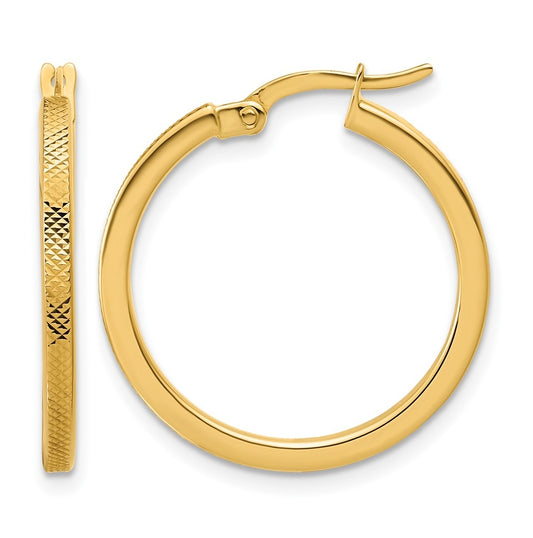 14k Yellow Gold Polished and Textured Round Hoop Earrings