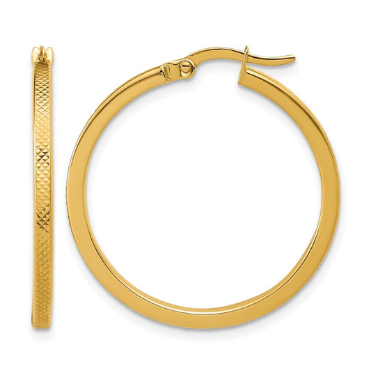14k Yellow Gold Polished and Textured Round Hoop Earrings