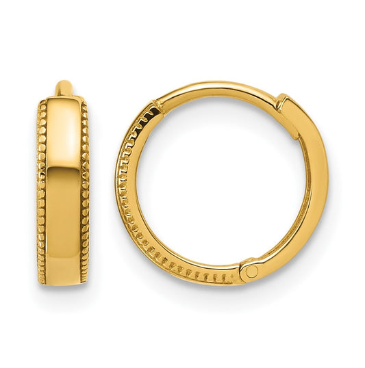 14k Yellow Gold Polished Textured Huggie Hoop Earrings