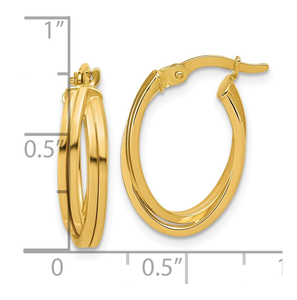 14k Yellow Gold Polished Grooved and Twisted Oval Hoop Earrings