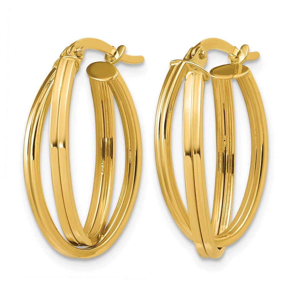 14k Yellow Gold Polished and Grooved Oval Twist Hoop Earrings