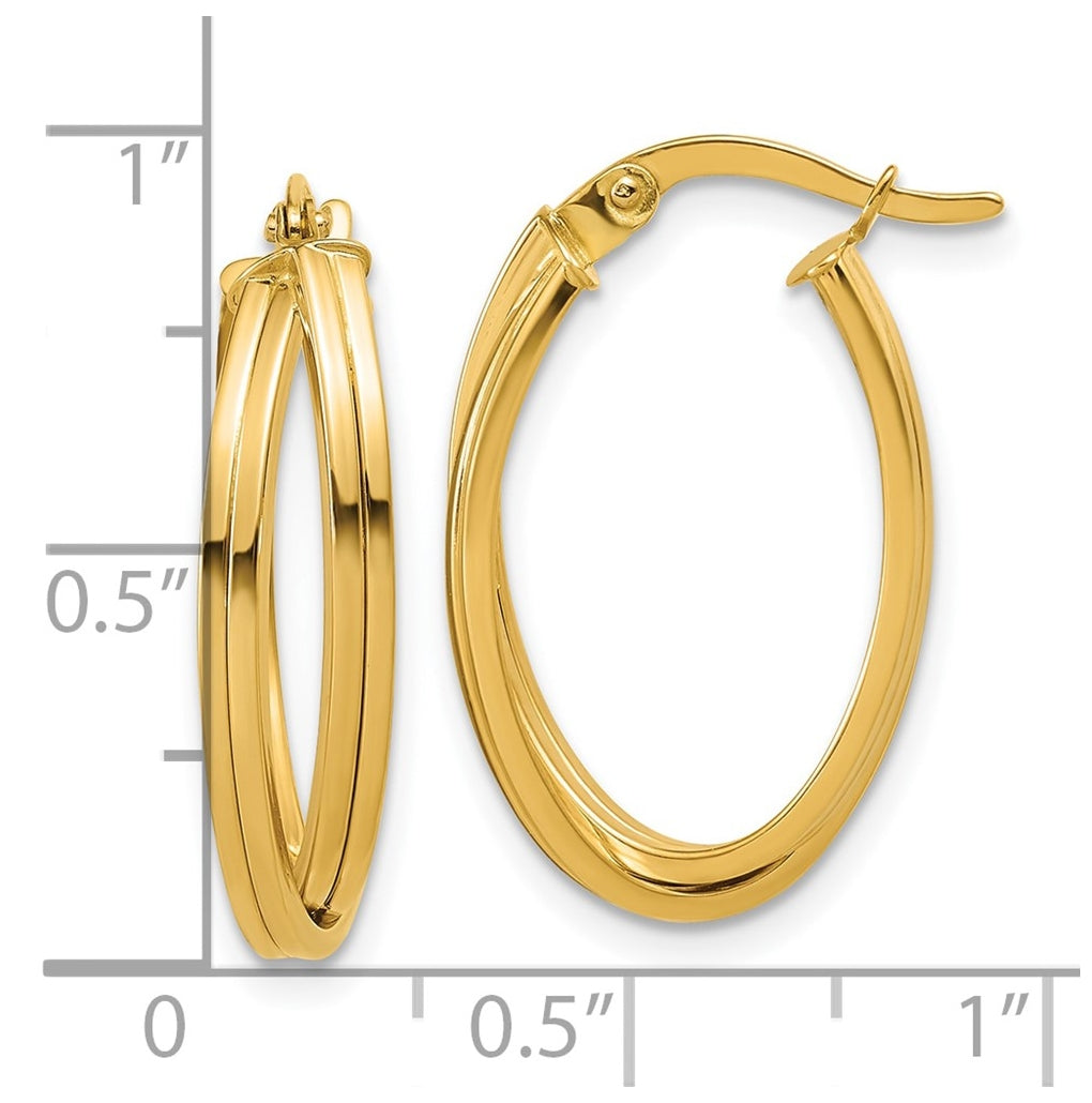 14k Yellow Gold Polished and Grooved Oval Twist Hoop Earrings