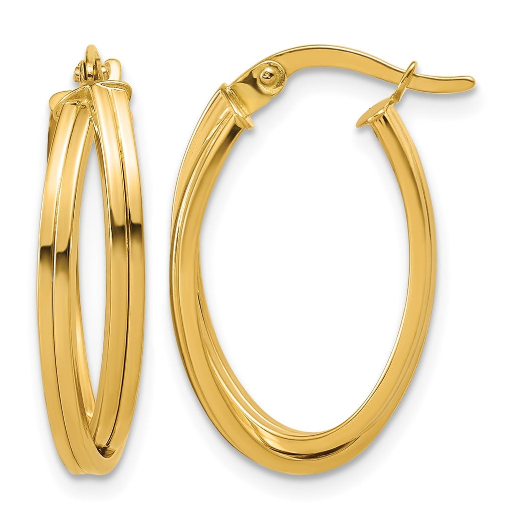 14k Yellow Gold Polished and Grooved Oval Twist Hoop Earrings