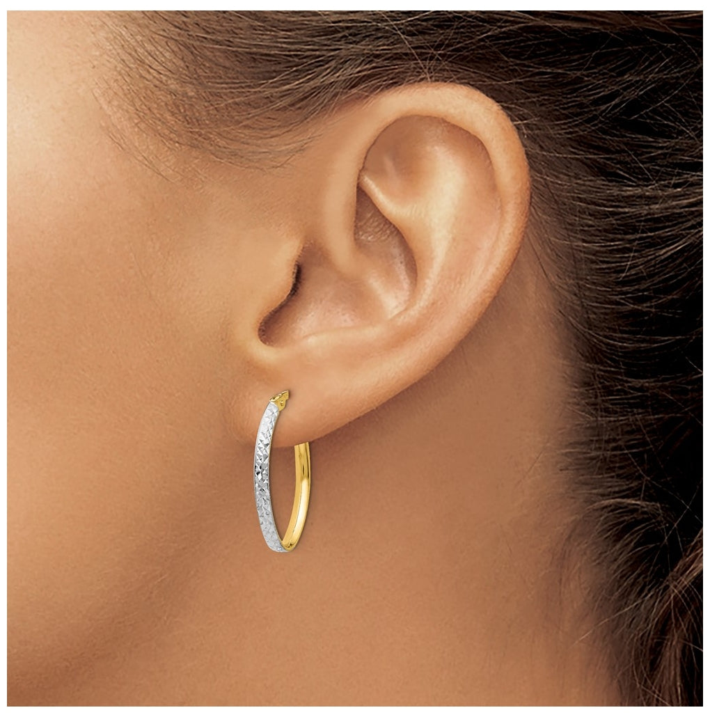 Leslie's 14K Yellow Gold w/White Rhodium Diamond Cut Oval Hoop Earrings – Elegant Jewelry Gift for Birthday, Anniversary, Engagement, Wedding