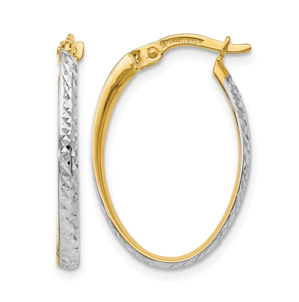 Leslie's 14K Yellow Gold w/White Rhodium Diamond Cut Oval Hoop Earrings – Elegant Jewelry Gift for Birthday, Anniversary, Engagement, Wedding
