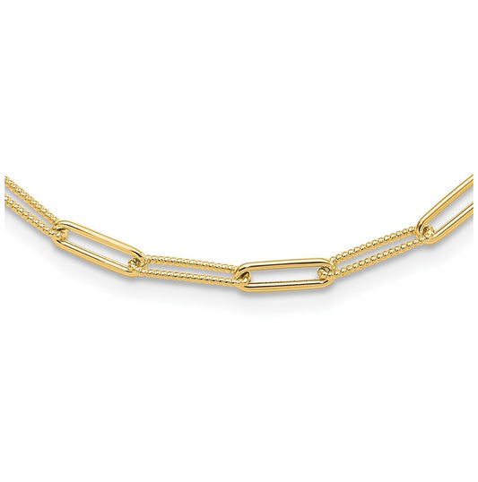 14k Yellow Gold Polished and Textured Paperclip Link Necklace