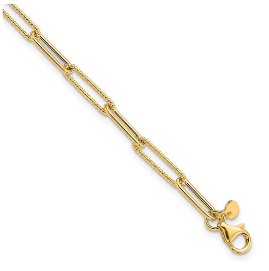 14k Yellow Gold Polished and Textured Paperclip Link Bracelet