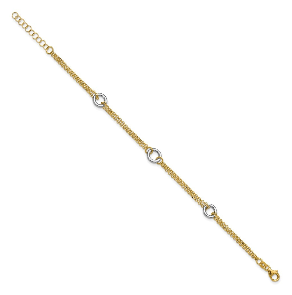 14K Two-tone Gld Polish/Dia-cut 2-Strand Circle Link w/1in ext. Bracelet