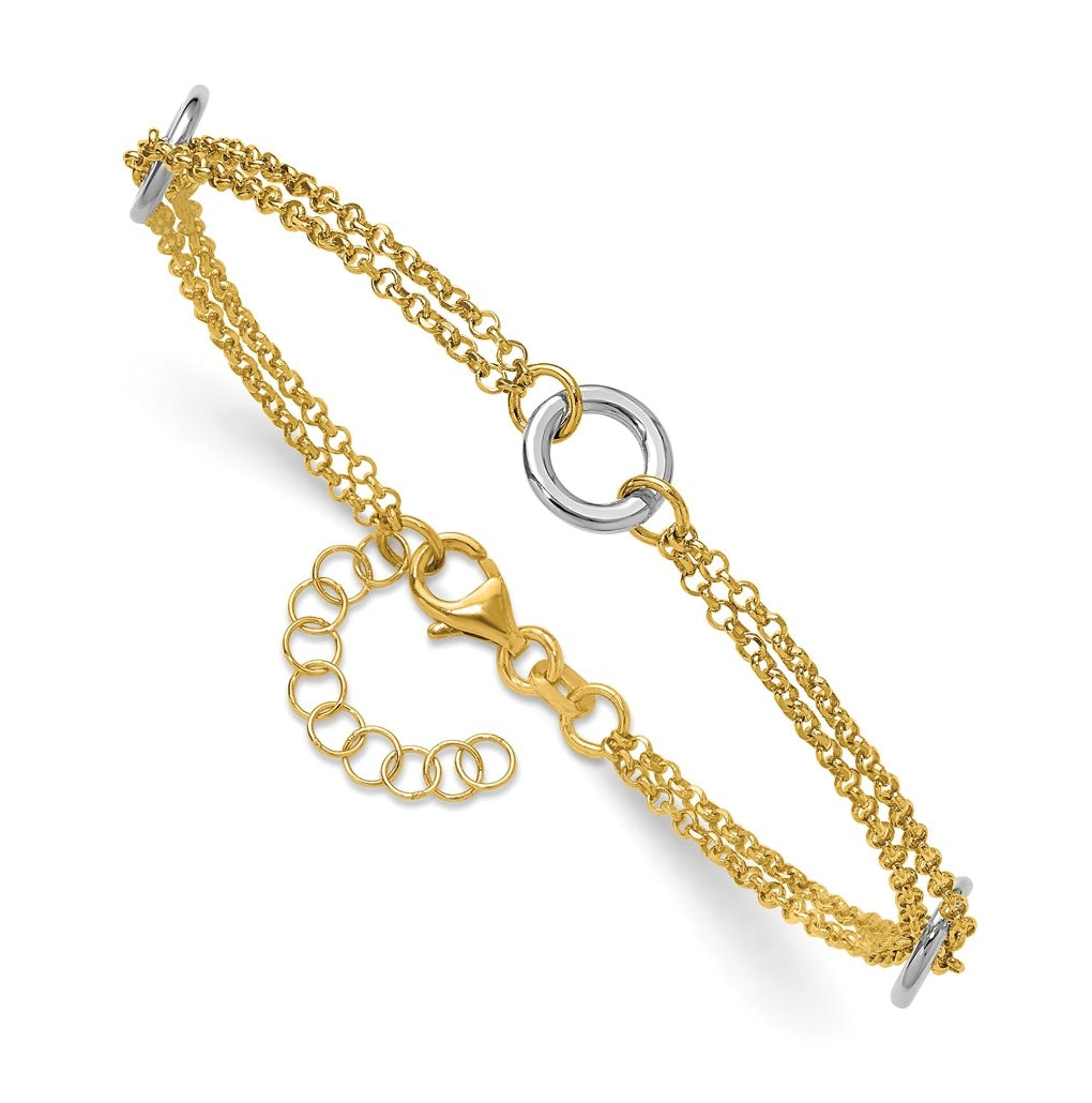 14K Two-tone Gld Polish/Dia-cut 2-Strand Circle Link w/1in ext. Bracelet