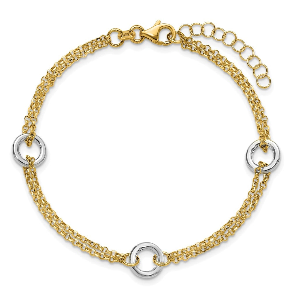 14K Two-tone Gld Polish/Dia-cut 2-Strand Circle Link w/1in ext. Bracelet