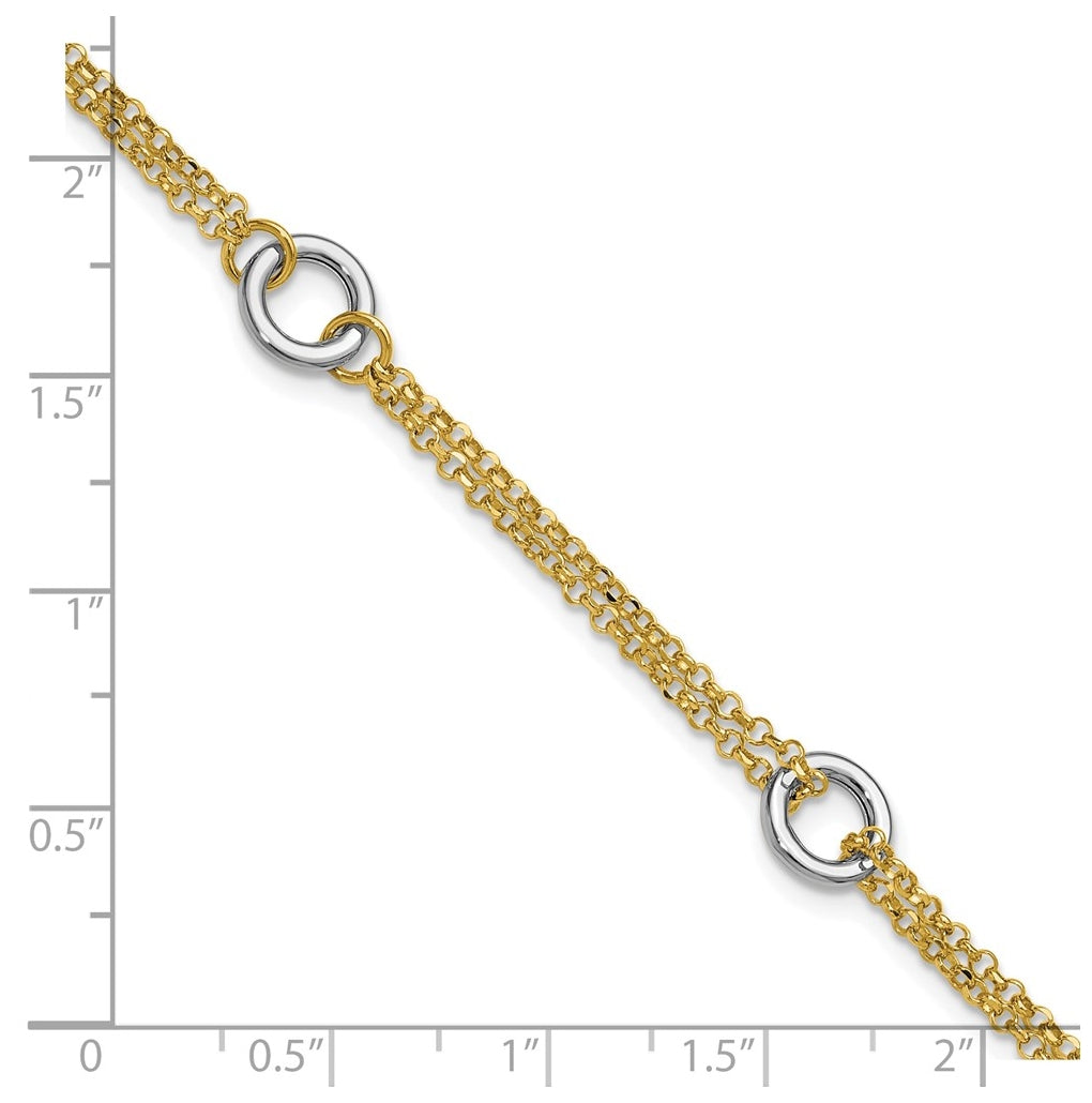 14K Two-tone Gld Polish/Dia-cut 2-Strand Circle Link w/1in ext. Bracelet