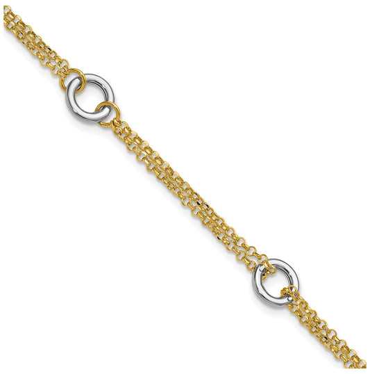14K Two-tone Gld Polish/Dia-cut 2-Strand Circle Link w/1in ext. Bracelet