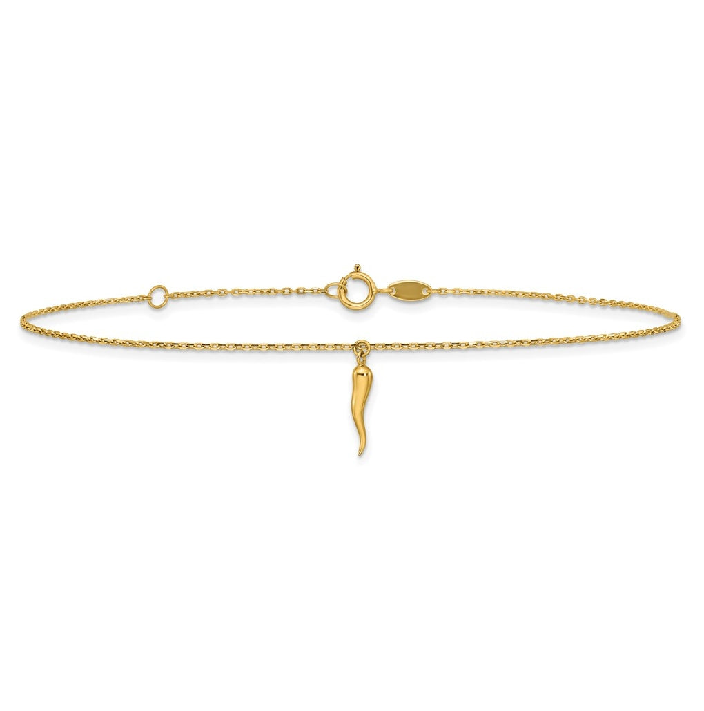 14K Italian Horn Charm 9 inch Plus 1 inch Extender - Total 10 inch Anklet