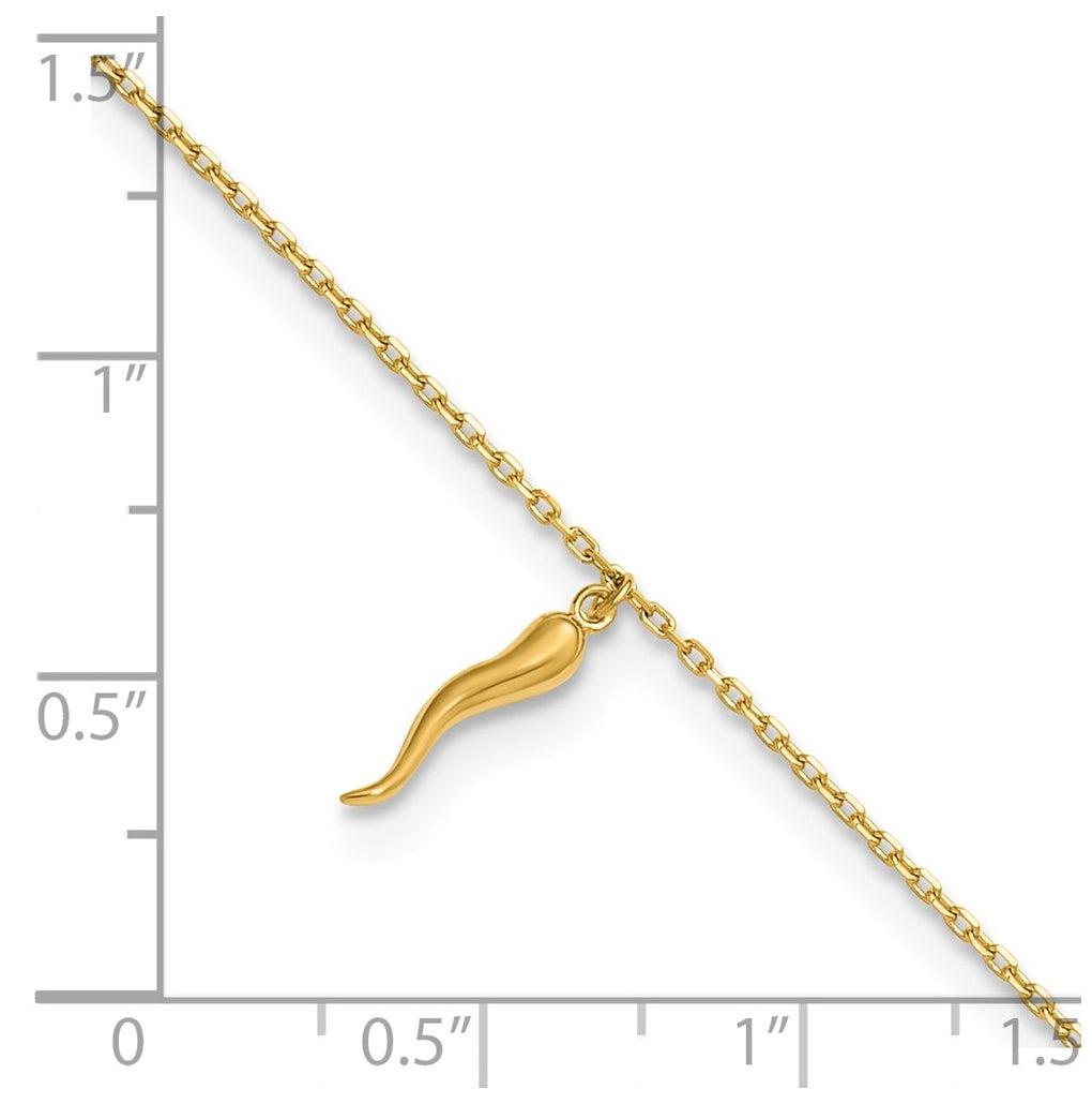 14K Italian Horn Charm 9 inch Plus 1 inch Extender - Total 10 inch Anklet