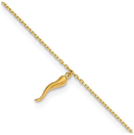14K Italian Horn Charm 9 inch Plus 1 inch Extender - Total 10 inch Anklet
