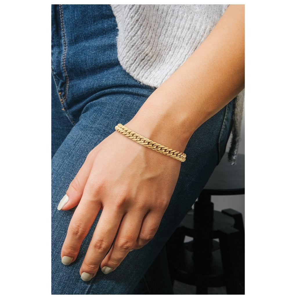 14k Yellow Gold Polished and Textured Fancy Curb Bracelet