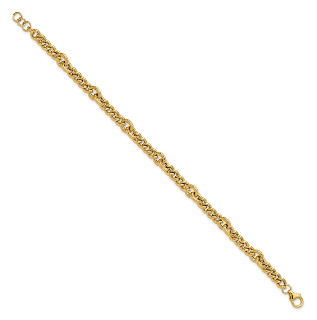 14k Yellow Gold Polished and Textured Fancy Link with .5in ext. Bracelet