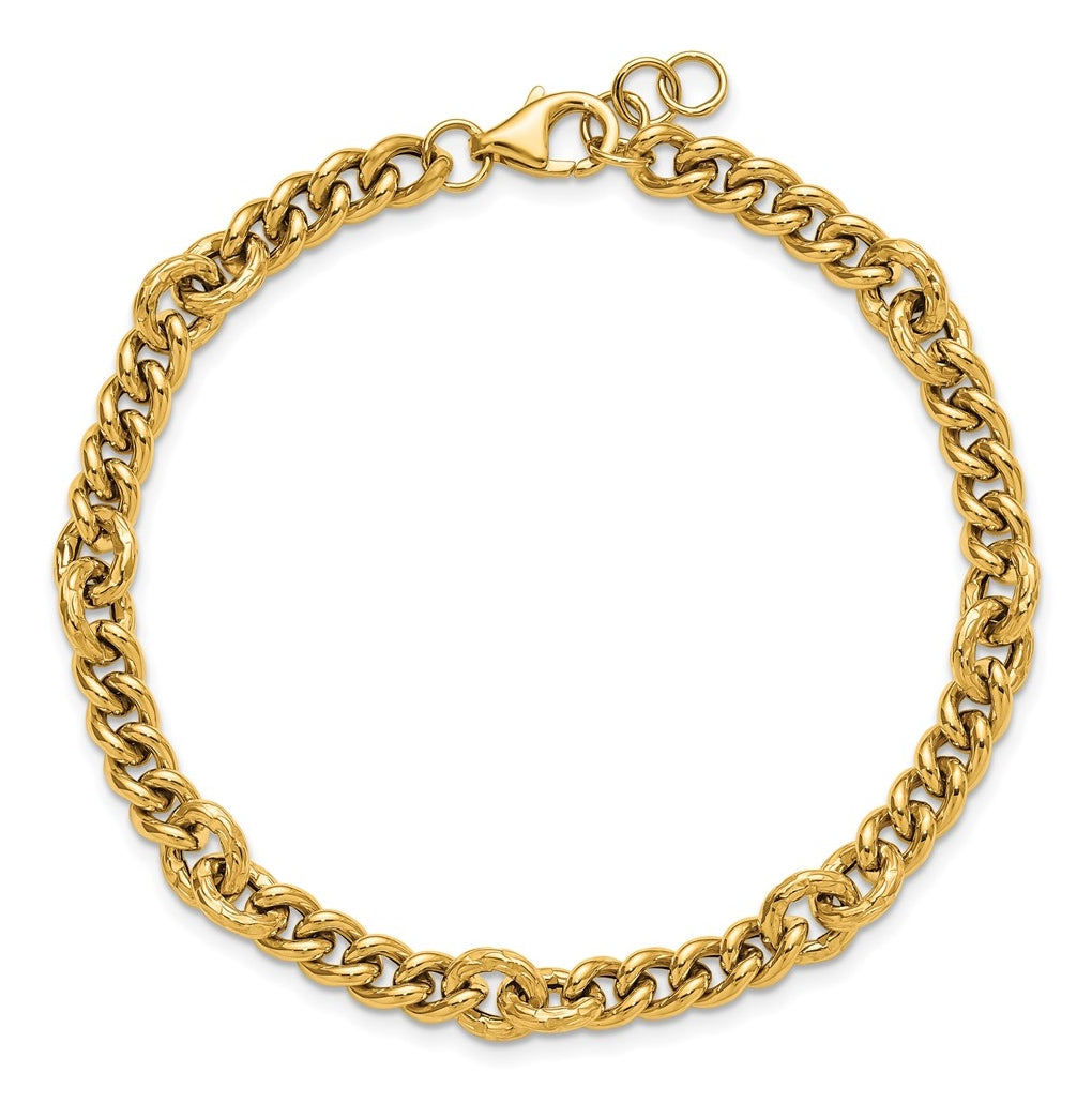 14k Yellow Gold Polished and Textured Fancy Link with .5in ext. Bracelet