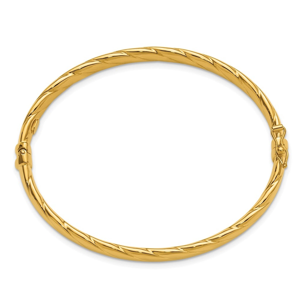 14k Yellow Gold Polished and Grooved Hinged Bangle