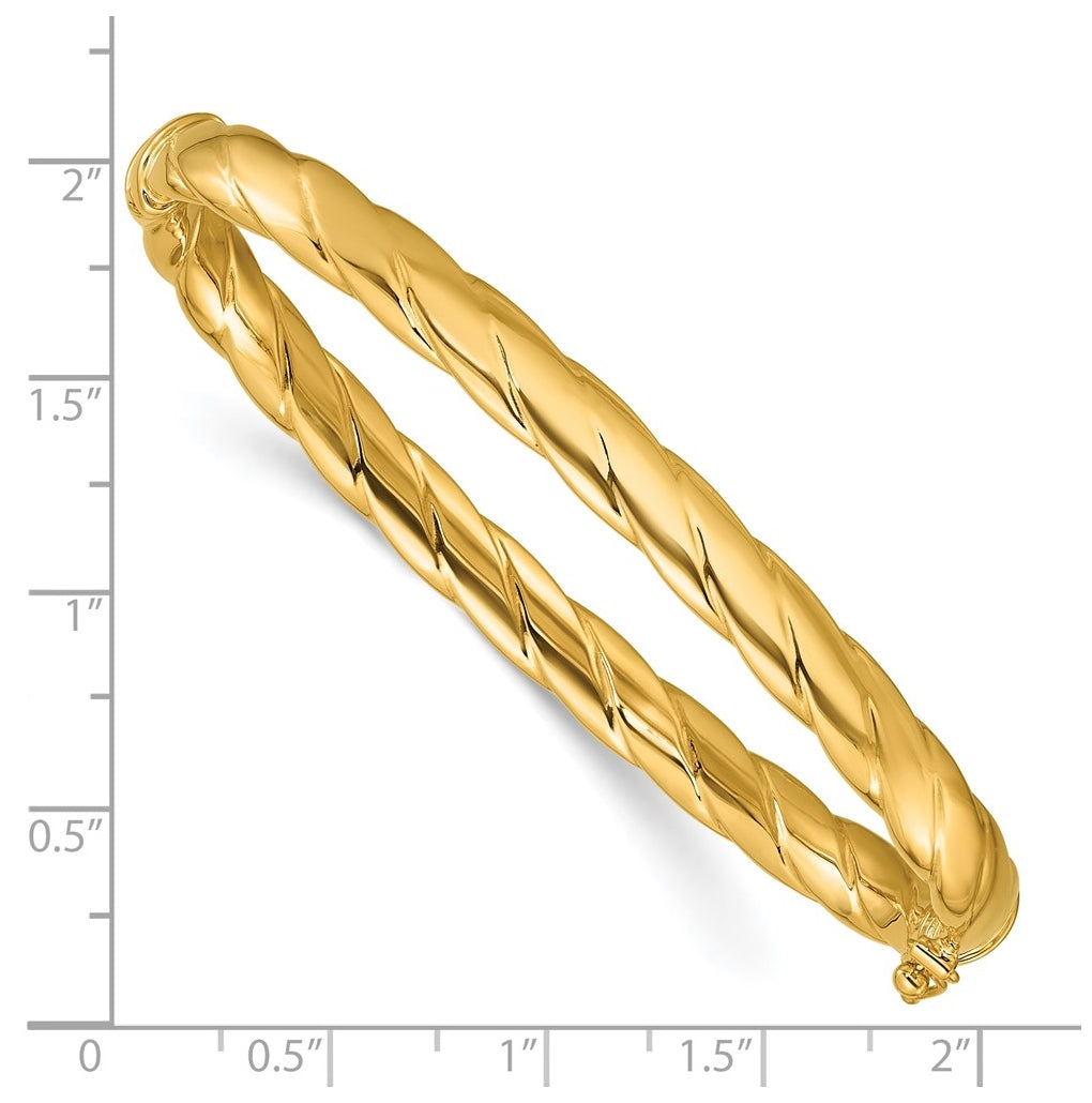 14k Yellow Gold Polished and Grooved Hinged Bangle