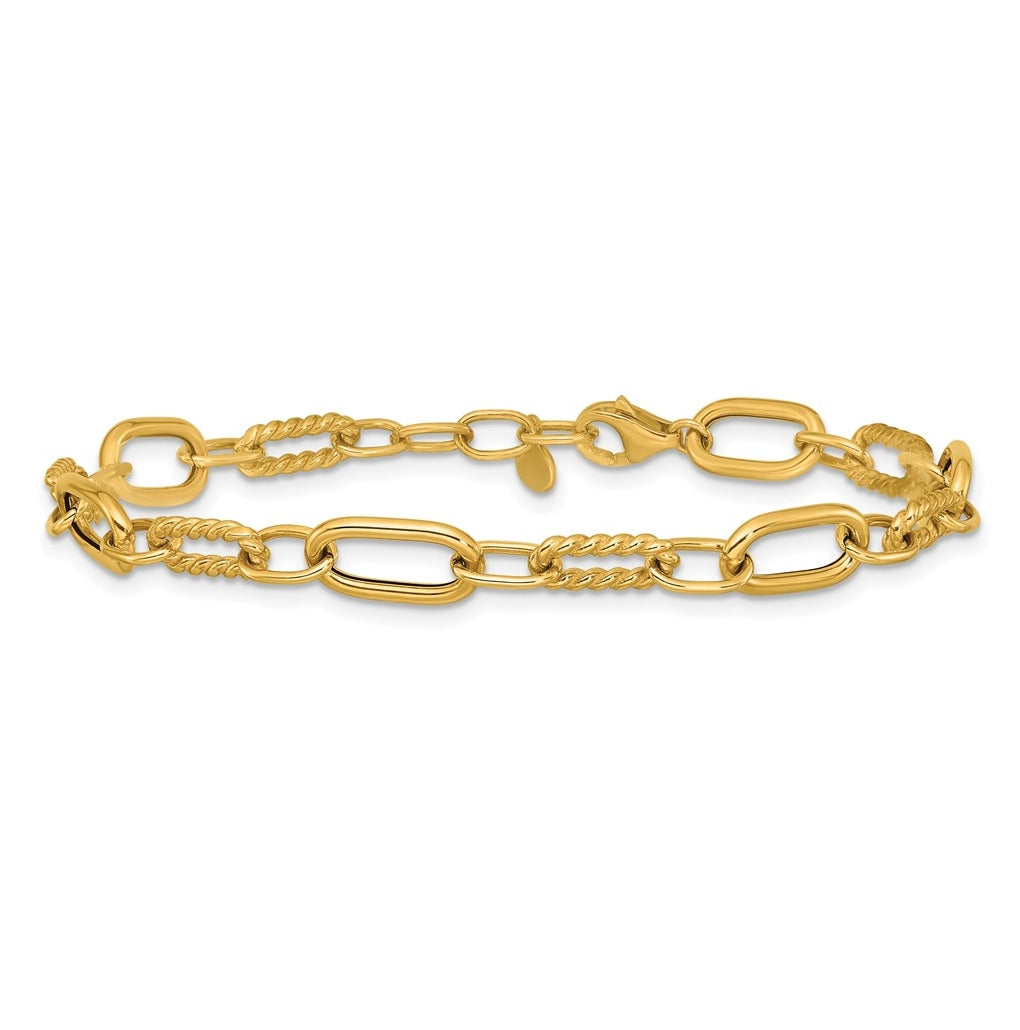 14k Yellow Gold Polished and Twisted Fancy Link w/.5in ext. Bracelet