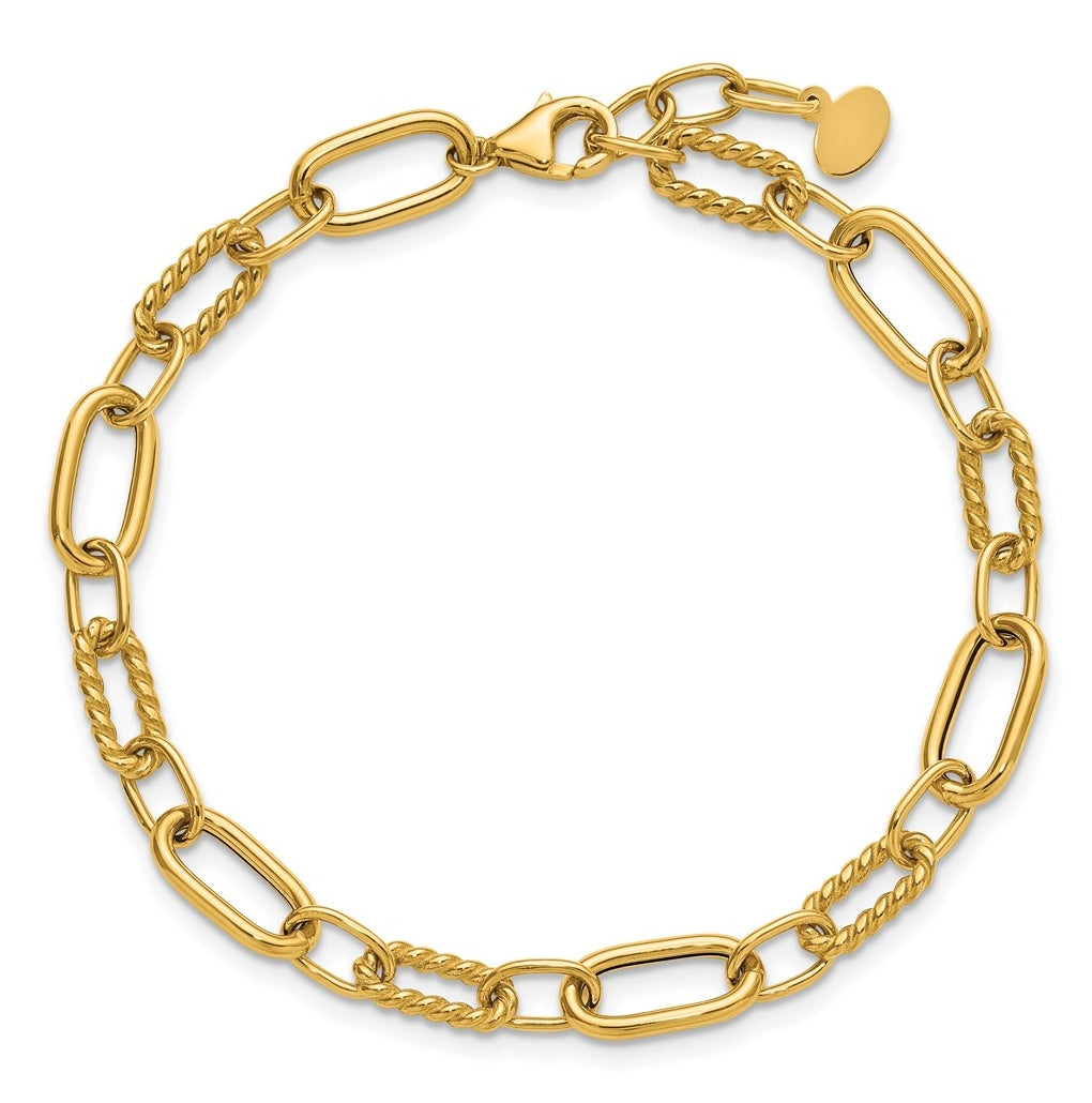 14k Yellow Gold Polished and Twisted Fancy Link w/.5in ext. Bracelet
