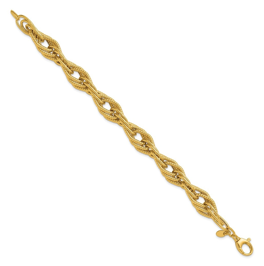 14k Yellow Gold Polished and Textured Fancy Triple Link Bracelet