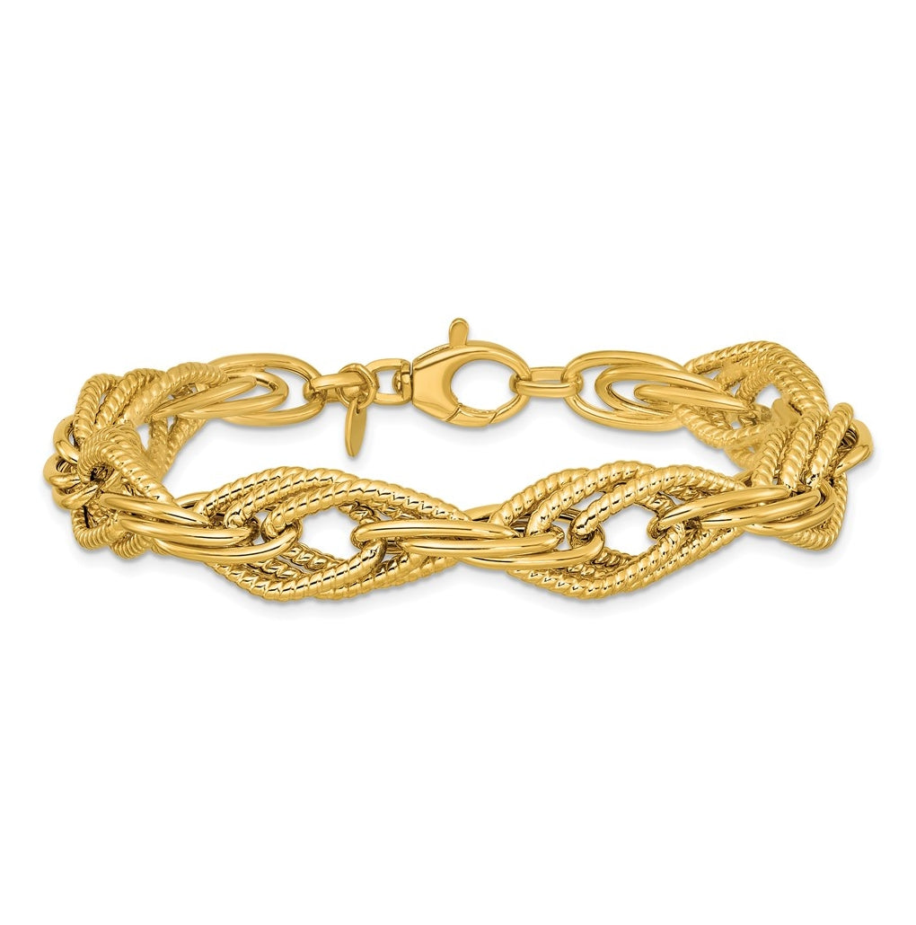 14k Yellow Gold Polished and Textured Fancy Triple Link Bracelet