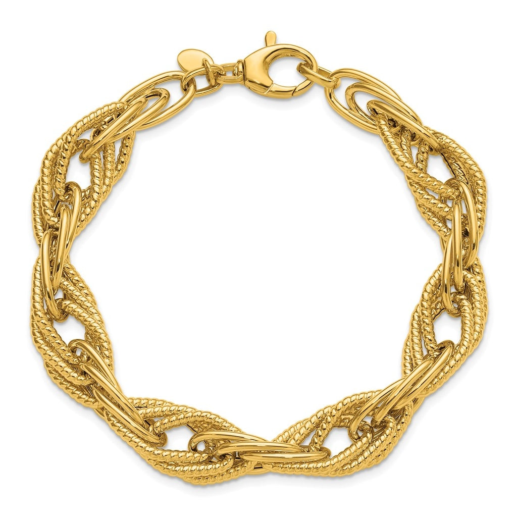 14k Yellow Gold Polished and Textured Fancy Triple Link Bracelet