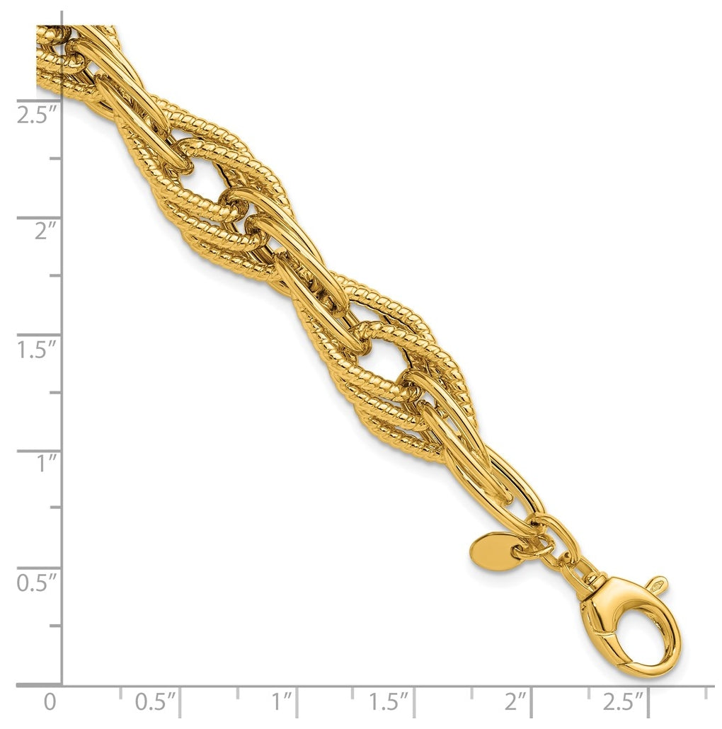 14k Yellow Gold Polished and Textured Fancy Triple Link Bracelet