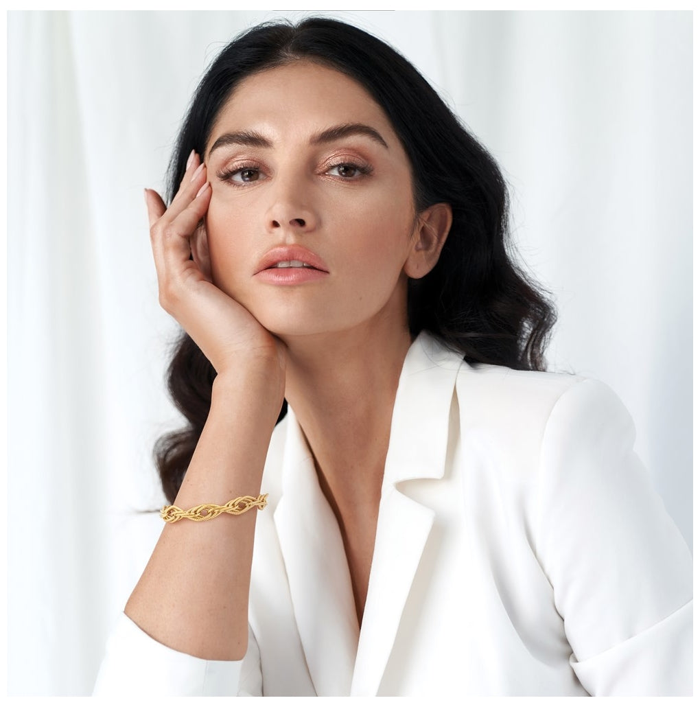 14k Yellow Gold Polished and Textured Fancy Triple Link Bracelet