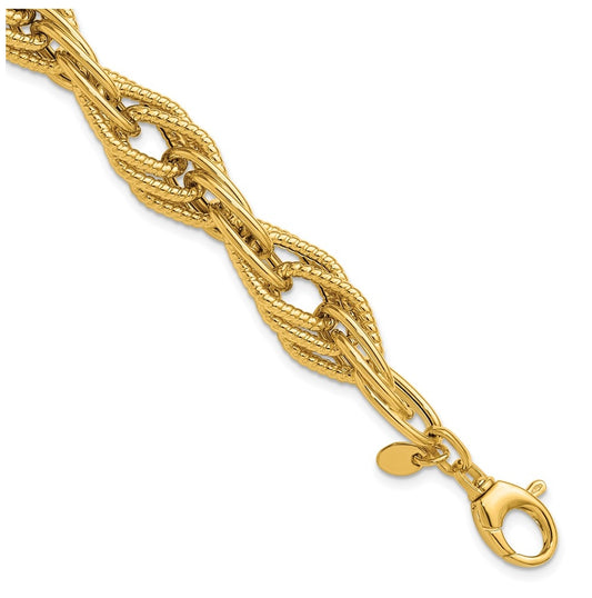 14k Yellow Gold Polished and Textured Fancy Triple Link Bracelet