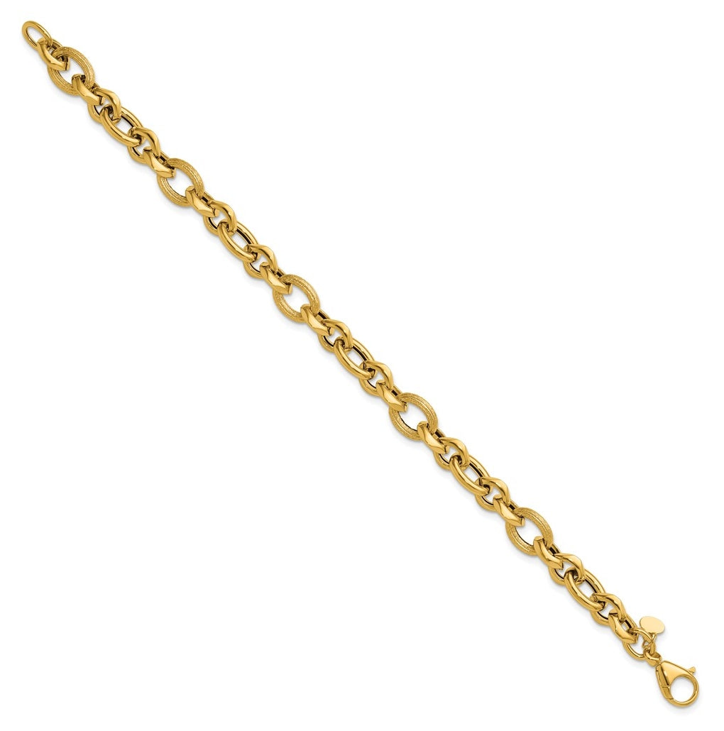 14k Yellow Gold 8mm Polished and Textured Fancy Link 7.5 in Bracelet