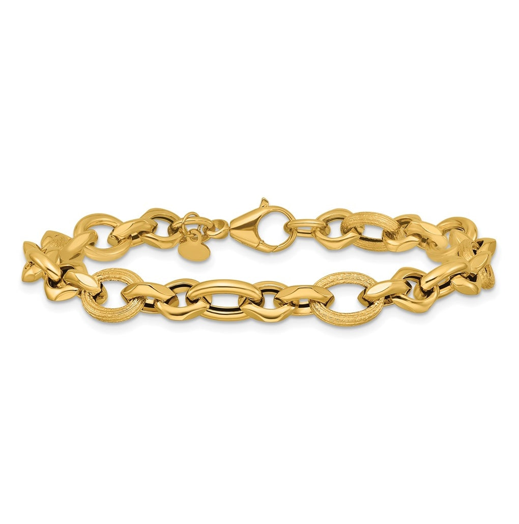 14k Yellow Gold 8mm Polished and Textured Fancy Link 7.5 in Bracelet