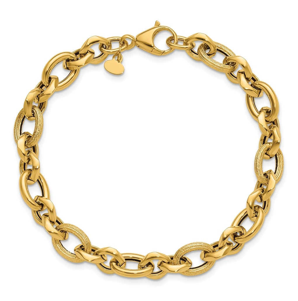14k Yellow Gold 8mm Polished and Textured Fancy Link 7.5 in Bracelet