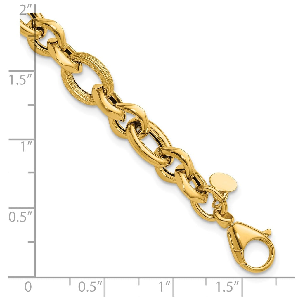 14k Yellow Gold 8mm Polished and Textured Fancy Link 7.5 in Bracelet