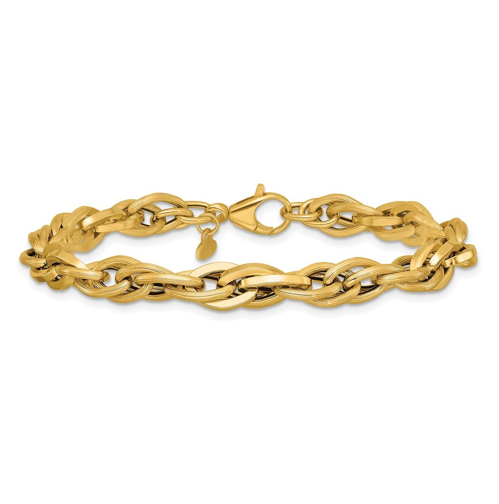 14k Yellow Gold Polished and Textured Fancy Twisted Link Bracelet