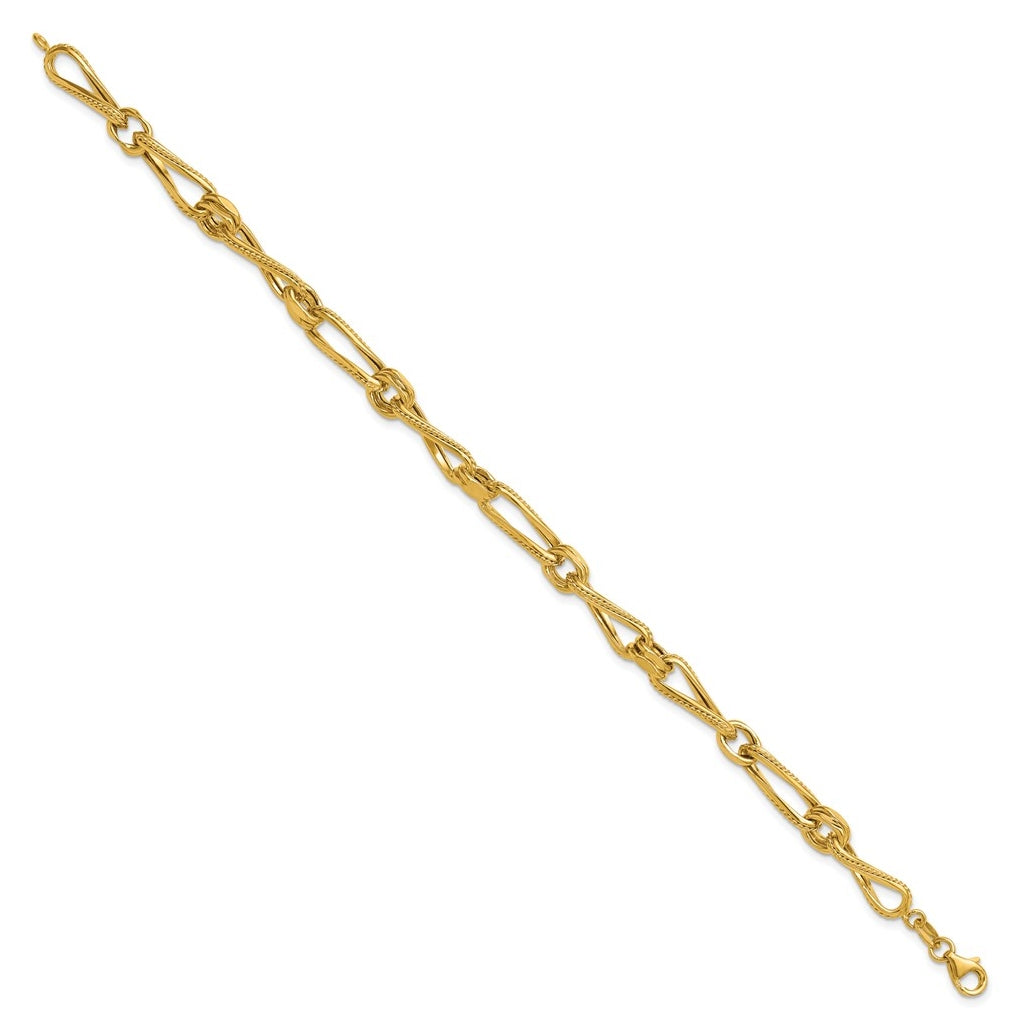 14k Yellow Gold Polished and Textured Twisted Link Bracelet