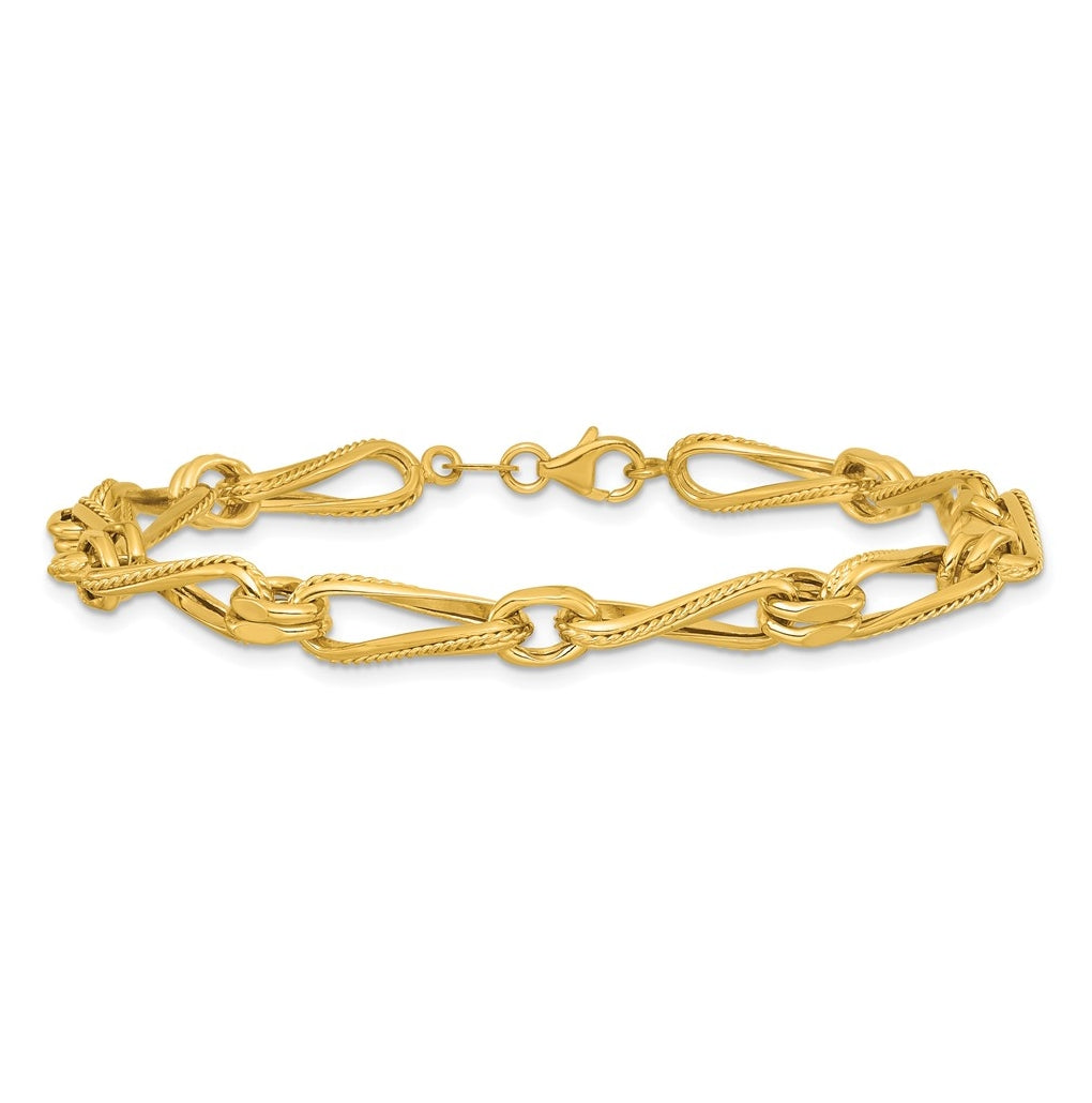 14k Yellow Gold Polished and Textured Twisted Link Bracelet