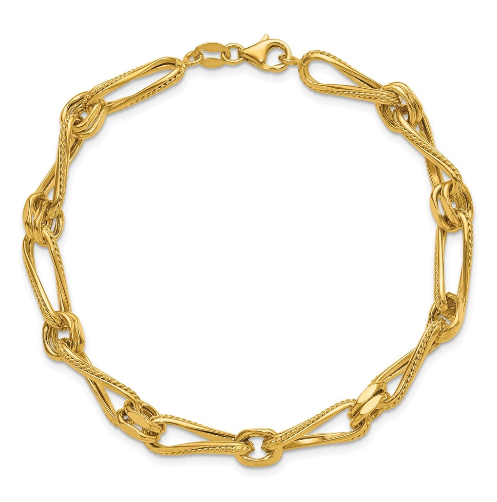 14k Yellow Gold Polished and Textured Twisted Link Bracelet