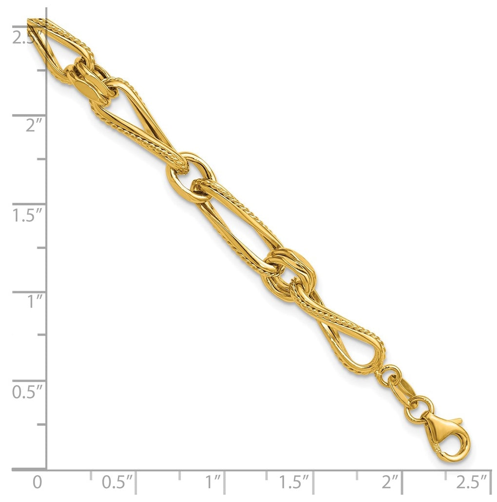 14k Yellow Gold Polished and Textured Twisted Link Bracelet