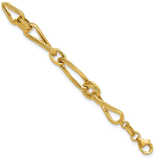 14k Yellow Gold Polished and Textured Twisted Link Bracelet